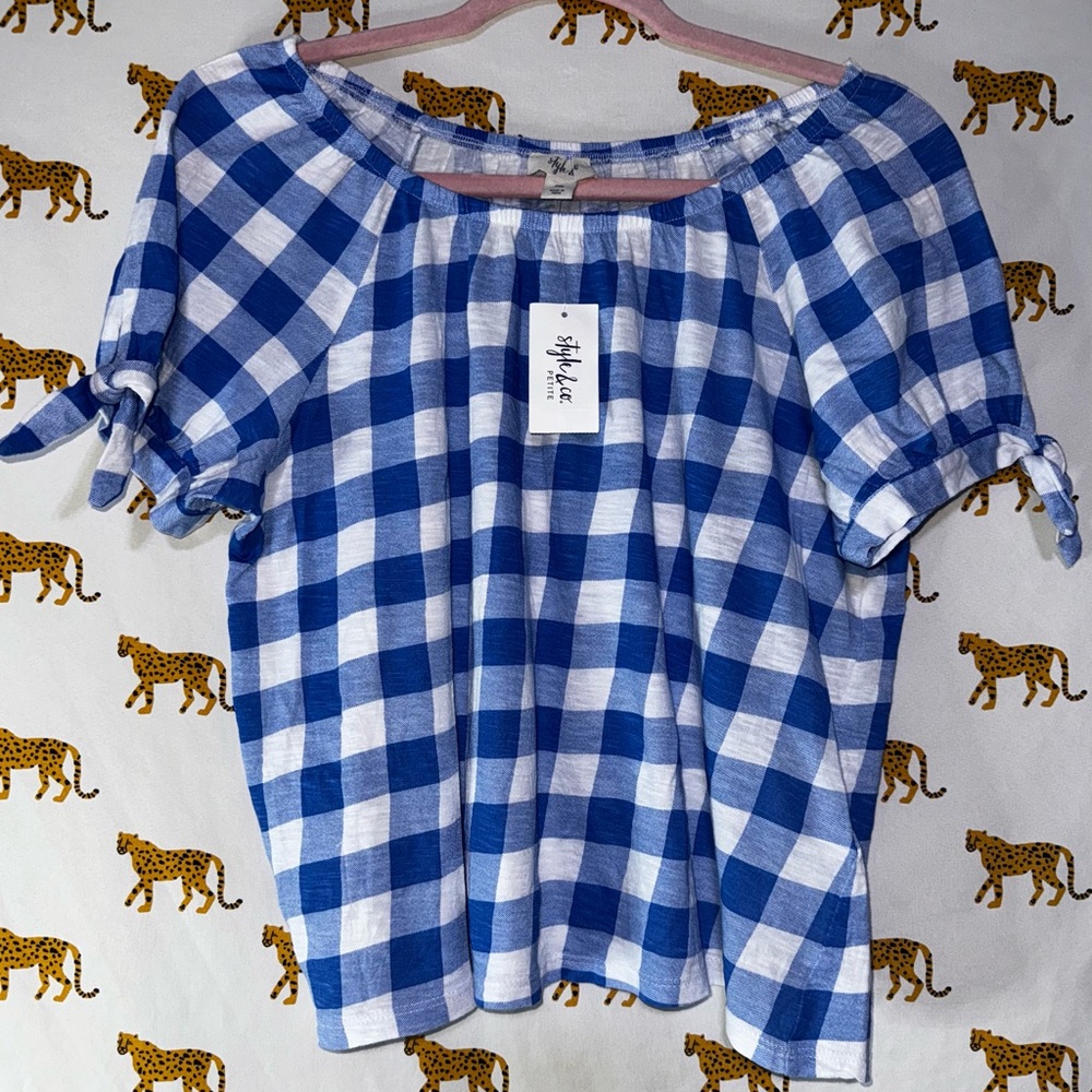 Style & co blue and white checkered off-shoulder top NWT PM